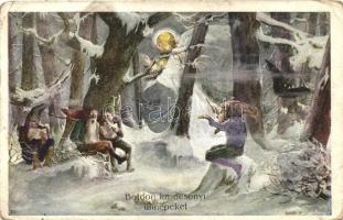 Boldog karácsonyi ünnepeket / Christmas, dwarves, angel in the winter forest, B.K.W.I. 3032-1, artist signed (EK)