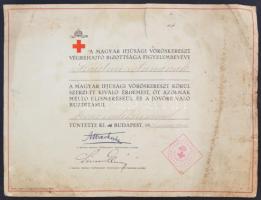 1936 Magyar Vöröskereszt kiváló érdemekért bronz emlékérmet adományoz,oklevél viseltes állapotban, 24x31cm