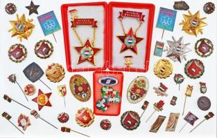 50db vegyes szocialista jelvény, kitűző, közte "Kiváló Dolgozó" kitüntetések, "Fűrész-Lemez és Hordóipari Vállalat" zománcozott fém jelvény T:vegyes