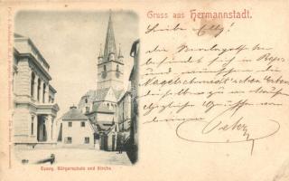 1899 Nagyszeben, Hermannstadt, Sibiu; Evangélikus iskola és templom / Evangelic church and school (EB)