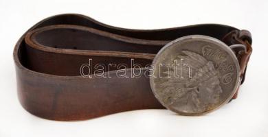 Régi, amerikai indiánfejes bőröv, 123cm