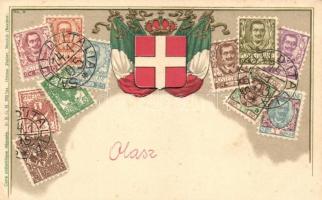 Italy; set of stamps, coat of arms, Saluti dItalia decorative cancellations, Ottmar Ziehers Carte Philatelique No. 9. litho