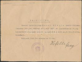 1935 Igazolás katonai szolgálatról, pecséttel, illetve igazolás a magyar állampolgárságról, 1942-ből, illetékbélyeggel.