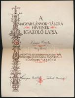 1939 A Magyar Lányok Tábora híveinek Igazoló lapja Kővári Piroska részére. Kézírással kitöltött nyomtatott levél.  Kosáryné Réz Lola és Tutsek Anna aláírásával.