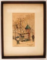 Jan Korthals (1916-1972): Boulevard St. Denis. Színezett litográfia, jelzett a liton, üvegezett keretben, 28×18 cm