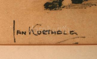 Jan Korthals (1916-1972): Boulevard St. Denis. Színezett litográfia, jelzett a liton, üvegezett kere...