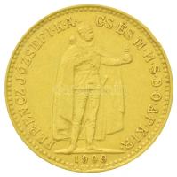 1909KB 10K Au "Ferenc József" Körmöcbánya (3.39g/0.900) T:2,2- ph. Hungary 1909. 10 Korona Au "Franz Joseph" Kremnitz (3.39g/0.900) C:XF,VF edge error  Huszár: 2200., Adamo K8