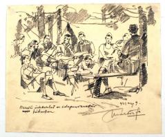 Márton Ferenc (1884-1940): 1933 Jamboree.  Vezetői értekezlet. Ceruza, papír, jelzett, 20×24 cm /Scout graphic, pencil, paper, signed