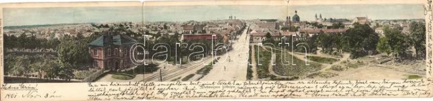 Debrecen,  3 részes látkép városi vasúttal, zsinagógával; kiadja Telegdi K. Lajos utóda / panoramacard