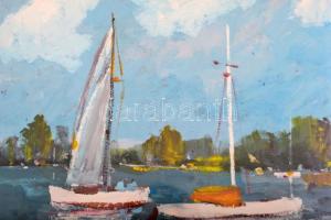 Bánfi jelzéssel: Balatoni vitorlások, olaj, karton, üvegezett keretben, 24x33cm