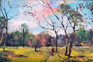 Bánfi jelzéssel: Ligeti sétány olaj, karton, üvegezett keretben, 23x32cm