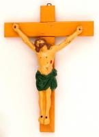 Régi öntöttvas feszület fa kereszttel, festett, 46x32cm