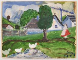 Olvashatatlan jelzéssel: Falusi idill, akvarell, papír kartonra kasírozva, 18x24cm