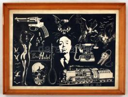 D.J jelzéssel: Alfred Hitchcock. Fametszet, papír, jelzett a dúcon, üvegezett keretben, 26×37 cm