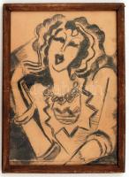 Olvashatatlan jelzéssel: Nyakláncos nő. Szén, papír, üvegezett keretben, 28×20 cm