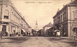 Belovár, Bjelovar; Zagreb utca, Gustav Hirsl üzlete / Zagrebacka ulica / street, church, shop