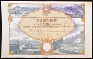 Budapest 1916. "Magyar Királyi Folyam- és Tengerhajózási Részvénytársaság" részvénye 200K-ról, szelvényekkel, bélyegzésekkel és szárazpecstéttel T:III
