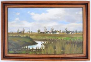 Somogyi Imre (1918-1999): Alföldi táj. Olaj, farost, jelzett, keretben, 40×65 cm