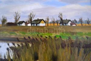 Somogyi Imre (1918-1999): Alföldi táj. Olaj, farost, jelzett, keretben, 40×65 cm