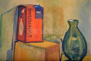 D.J. jelzéssel: Dobozos csendélet. Akvarell, papír, üvegezett keretben, 30×42 cm