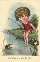 La Pesca / Italian art postcard, child with frog, A. Traldi 110. s: Mary