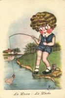 La Pesca / Italian art postcard, child, humour, A. Traldi 112. s: Mary (EK)