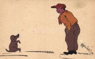 Hand-painted postcard, boy, dog s: Molnár Gy. (EK)