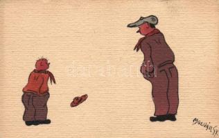 Hand-painted postcard, Man with boy s: Molnár Gy. (cut)