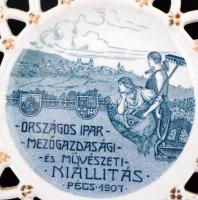 Zsolnay áttört fajansz falitányér "Országos Ipar- Mezőgazdasági és Művészeti Kiállítás Pécs 190...