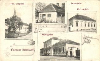 Bardóc, Református templom, paplak, községháza; Szilágyi Arthu műterméből / multi-view with Calvinist church, town hall; floral postcard (EK)