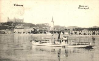 Pozsony, Bratislava; Duna part, gőzmozdony / river bank, steamship (EM)