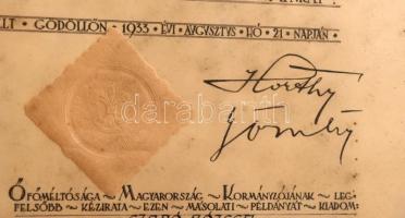 1933 A Gödöllői Jamboree alkalmából adományozott emléklap cserkész érdemekért. Horthy és Gömbös álta...