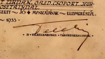 1933 A Gödöllői Jamboree alkalmából adományozott emléklap cserkész érdemekért. Horthy és Gömbös álta...