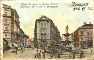 Budapest VIII. Kálvin tér, Baross utca, villamos, szökőkút, litho (EK)