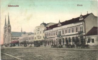 Békéscsaba, Fő tér, Gesmey Soma könyv és papírkereskedése, Polgári leányiskola, Schreyer József üzlete, kiadja Gesmey Soma (ázott / wet damage)