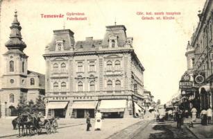 Temesvár, Timisoara; Gyárváros, Görög keleti szerb templom, Deutsch R. Rezső, Klug János, Csendes és Fischer és Adler Ignácz üzlete / Greek Orthodox church, shops (vágott / cut)