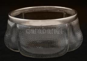 Dekoratív üveg tál ezüstözött peremmel, hibátlan, d:17 cm, m:9 cm