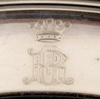 Ezüstözött alpakka nagy tálca, grófi monogrammal, d:36,5 cm