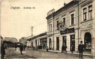 Ungvár, Uzhhorod; Széchény tér, gyógyszertár, Völgyi József könyv és papírkereskedése, Leskovits József fodrászata, Glück József üzlete, Grószman Herman üzlete, Ungvári vízvezeték szerelési, kiadja Völgyi József / street, pharmacy, book store, hair salon, shops (EK)