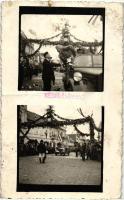 1940 Kézdivásárhely, Targu Secuiesc; bevonulás, ünneplő tömeg, Rancz Imre üzlete, katonai automobil / entry of the Hungarian troops, celebrating crowd, shop, military automobile, '1940 Kézidvásárhely visszatért' So. Stpl., photo (fa)