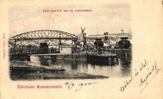 Komárom, Komárno; Téli kikötő, gőzhajó, Erzsébet híd, kiadja Czike Dénes  / winter harbor, steamship, bridge (EB)