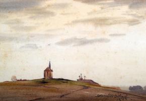 Olvashatatlan jelzéssel: Kálvária. Akvarell, papír, üvegezett keretben, 19×28 cm