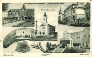 Nagykőrös, uborka, Hősök szobra, Államrendőrségi palota, Református Arany János gimnázium, régi városháza (EK)