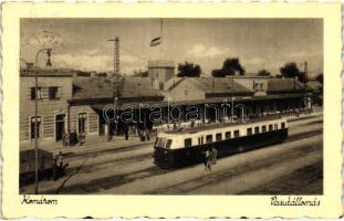 Komárom, Komárno; vasútállomás, Árpád sínautóbusz, kiadja Hacker Dezső könyvnyomda és papírkereskedés / railway station, electric locomotive