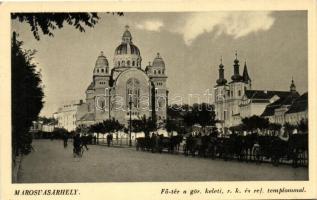 Marosvásárhely, Targu Mures; Fő tér, Görög keleti, Római katolikus és református templom / churches