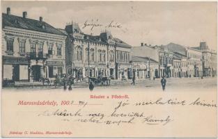 Marosvásárhely, Targu Mures; Főtér, Ogolyan Bogdan üzlete, Dudutz János üzlete, Britter Vilmos üzlete, Eckwert J. üzlete, Petelei Márton üzlete; kiadja Petróczy G.  / main square, shops