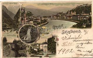 Salzburg, Pass Lueg, Gaisber-Bahn, Hellbrunn, Gollinger Wasserfall / gorge, funicular, waterfall, floral, litho