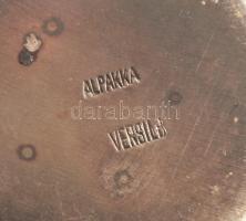 Ezüstözött alpakka kupicás készlet füles tálcával + dísz kiöntő, jelzett, jó állapotban, 26×12 cm, m...