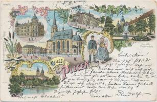 Pilsen, Plzen;  Isr. Tempel, K.K. Postamt, Ringplatz, Kopecky Promenade, Turnhalle, / Synagouge, post office, square, promenade, gymnasium, Art Nouveau, floral, litho (EK)