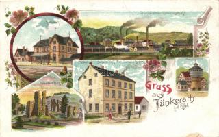 Jünkerath, 'Bahnhof, Jünkerather Gewerkschaft, Glaadler Burg, Hotel Eifeler Hof, Wagserturm' / railway station, factory, castle, hotel, Art Nouveau, floral, litho (small tear)